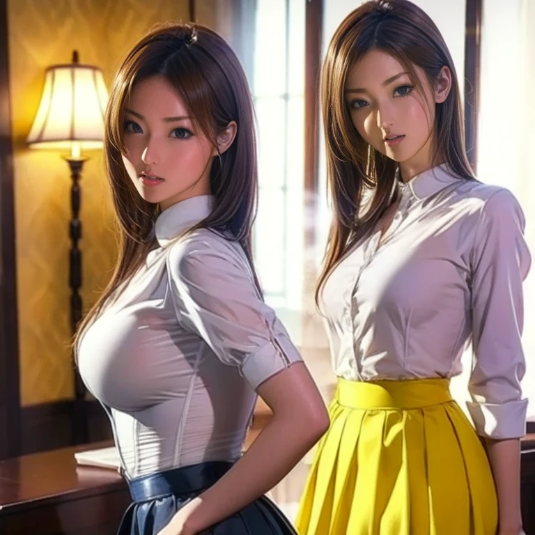 best resolution, 2 heads, two faces on one head, one neck,mother and daughter become conjoined, different heads, long hair, short hair, blonde, eyeliner, 25 years old, cute, flirting, female office dress, deep V shirt, standing in office, ceo office, teasing you,