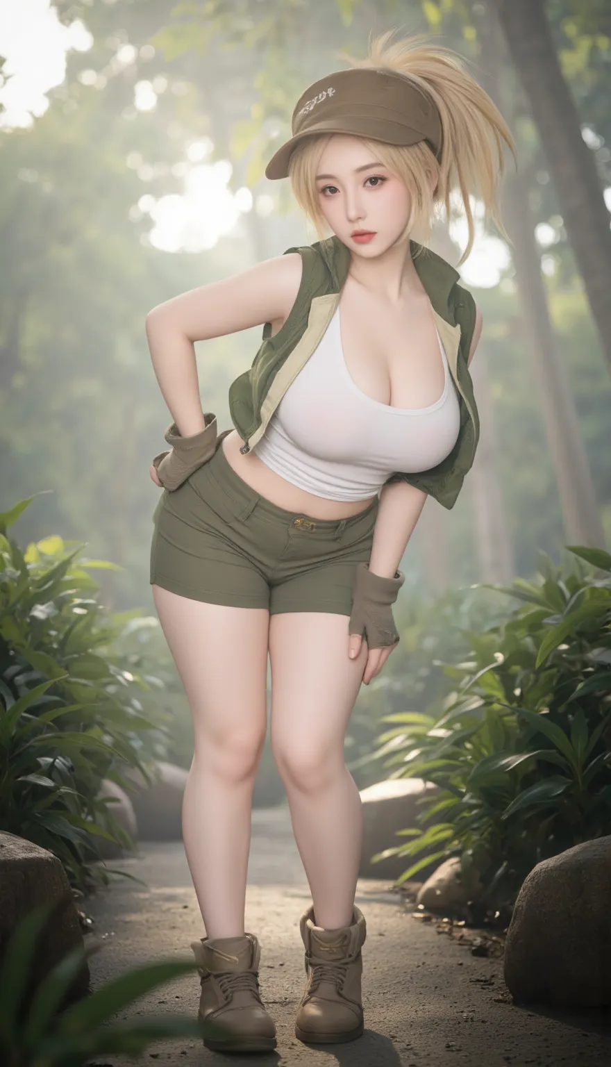 gigantic breasts, short shorts, forest, crop top smile, blonde hair, wide hips,fat,squatting,knee