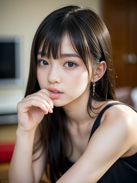 top-quality、超A high resolution、(Photorealsitic:1.4)、1 Japan girl、Off-shoulder white shirt、Black tight skirt、Black Choker、(faded ash gray hair:1)、huge-breasted、looking at viewert、a closeup、