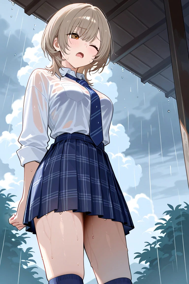 ((1 girl)),masterpiece,highest quality,official art,Highly detailed CG Unity 8K wallpaper, Huge_file size, change, ,small breasts, , (just_foot), (just legs), (no legwear),(Ōka Asahi),(rain),(In the rain),(blood on my face),Mountain,((night)),blood on my face,blood on my face,standing on one's own feet