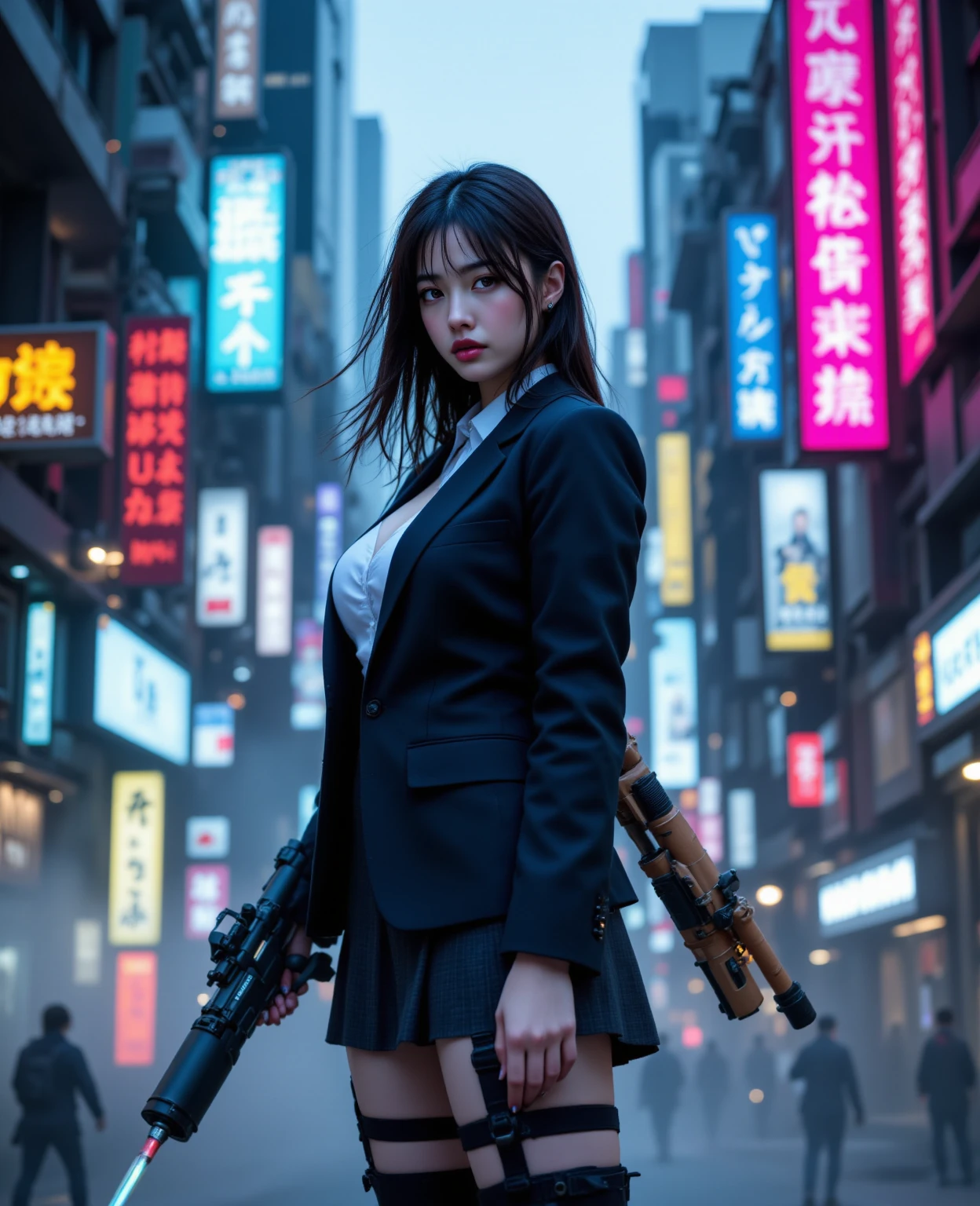 (Raw photography, 4K, masterpiece, hight resolution, very intricate), (Photorealsitic:1.4), Cinematic Lighting, (((((at night))))), (((1Girl, solo))), solofocus, Wet, full body Esbian,large breasts, Chest exposed, cleavage of the breast, wide open ass, pubic hair, Slim waist, eyes are brown, ((masterpiece:1.2)), top-quality, top-quality, Official art,the Extremely Detailed CG Unity 8K Wallpapers, artbook, a picture, (Brown hair long hair), Hair disheveled, aerial view of cyberpunk city, Expressive Hues, Vibrant Palette, B deficiency and white clothes, (((matrix style black micro sunglasses))), (((aiming with a short gun))), (((looking at camera))), (((very low view))).