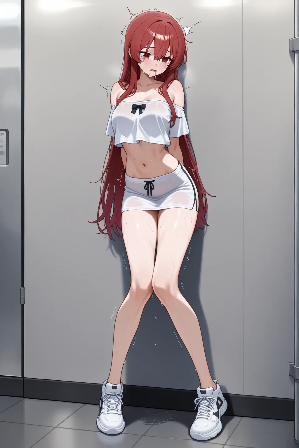 1 girl, underwear, white hair, thigh, white_underwear,， long_hair, breast,  white pajamas，unbuttoned pajamas，open income，navel，bare belly，eyes closed，eyes closed， exist_Back, In the bedroom, hindquarters, Bangs, split, blush,Lying on exist&#39;s bed，white，，white，Full body female love，arms open