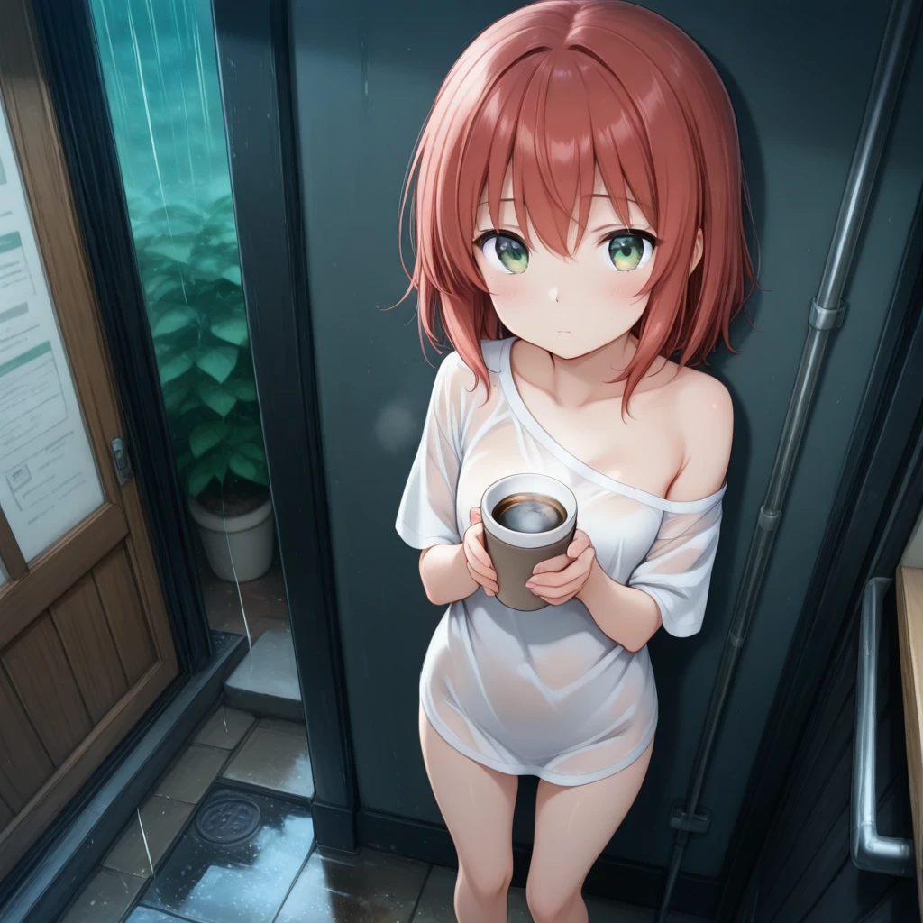 1 girl, (((naked))), (((visible pussy))), ((sitting having breakfast in the kitchen)), ((transparent seat)), ((seen from below))