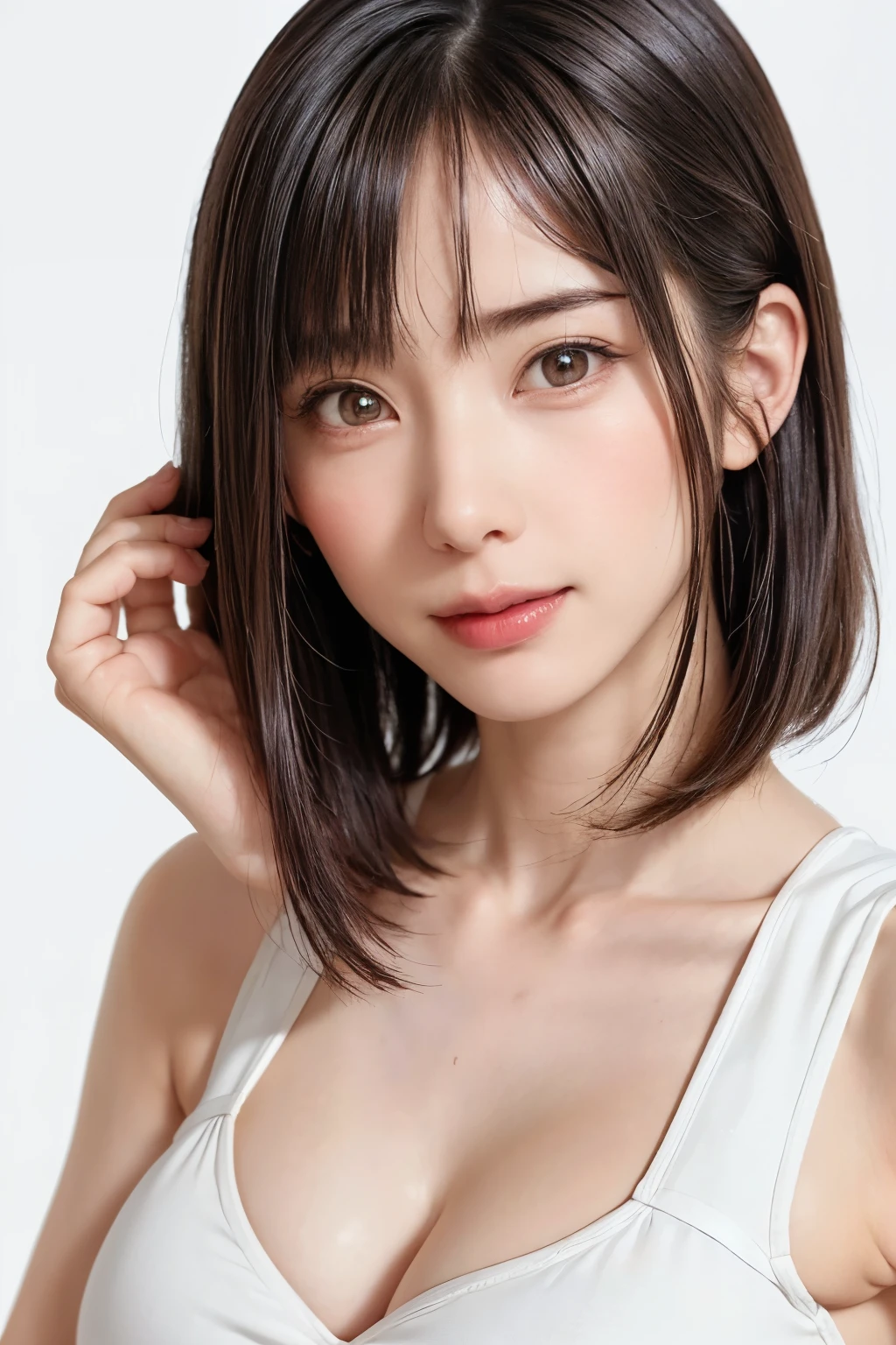 ((masterpiece, Highest quality, High resolution、Everything is beautifully detailed)), 1 girl, (Realistic: 1.4), alone, White Background, snow-White Background, Mouth closed, smile, smile, Beautiful black hair, short hair, Big eyes, Transparent double eyelids, eyelash, Listen carefully, Long neck, 美しくLong neck, Absolute area, ((Face close-up)), (Draw the whole head, shoulder), 19 years old, Attractive proportions, Glowing Skin, Beautiful clavicle, Golden ratio face, Perfect Face, Teardrop-shaped mole, chestのほくろ, bangs, clean bangs, beautiful bangs, Lip gloss, Thin lips, Fair skin, naked, Big Breasts, {Huge|big|Hugeな|Mega} chest, chestの谷間,Small face, Small face, All the heads are painted, shoulder all drawn, Point slightly above the camera、Natural light