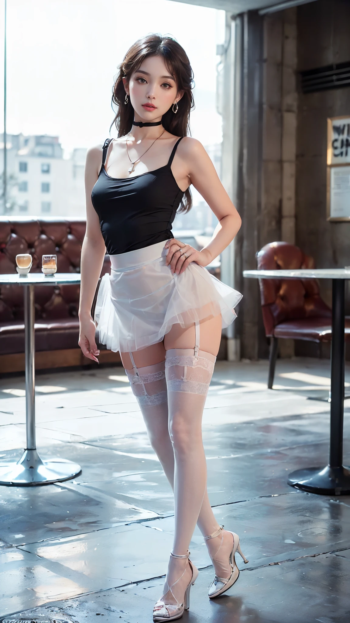 Dressed in 1950s-style translucent underwear, 1girl has hair styled with classic pinkals. She should be sitting in an old-fashioned diner surrounded by vintage details like jukeboxes, chrome accents, and neon signs. Her eyes should be shining with excitement and her skin should be perfect, glowing under soft, dramatic lighting. This scene should be captured on 35mm film, with a beautiful depth of field and a slightly blurry nostalgic background.
film, ((full body shot)), valley pose, Y-shaped balance, I-shaped balance,