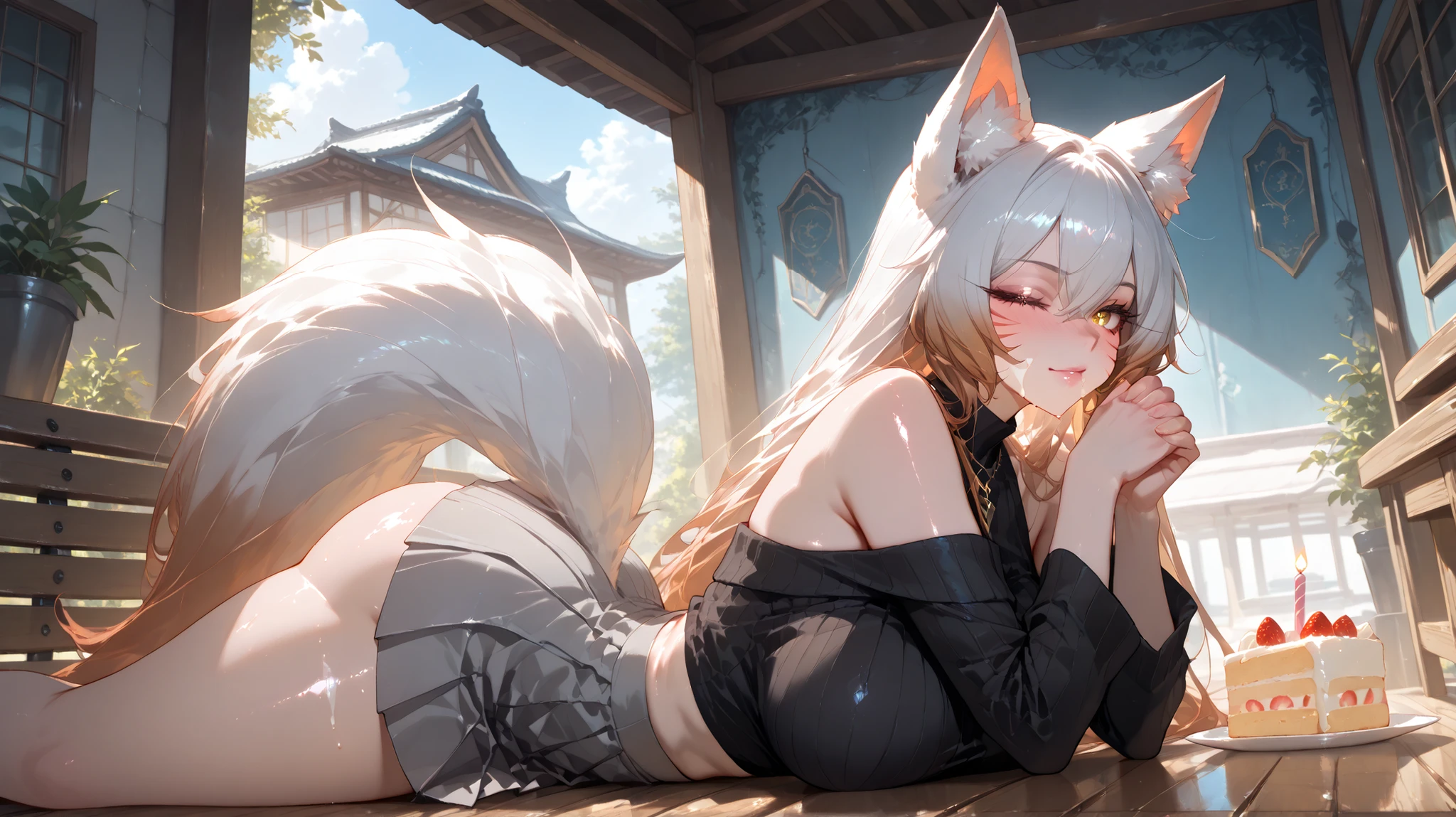 8k, best quality, masterpiece, colourful, sinder, sinder, looking at viewer, 1girl, cinnamon eyes, detailed eyes, wolf girl, medium long white hair, white streaked hair+swept bangs and sidelocks, fiery wolf ears and flame-tipped wolf tail, orange tail, ear piercing, bare shoulders, collarbone, perfect anatomy, attractive anatomy, confident, detailed face, black off-shoulder shirt, with a black bow, (spiked belt, spiked bracelet, spiked choker, spiked collar:1.3), nails, black nail polish, black pencil skirt+skirt slit, thighs, asymmetrical legwear:fishnets thighhighs+black thigh thighs, thigh strap together:-1.0, black boots, detailed boots ,bottom of boots towards viewer , artstation, trending on Instagram, HD, choker , lying down on side, on, laying pose, little bit to the side, on a japanese style mat, japanese temple, in a fantasy world, awesome view, detailed background, 4k background, colourful image, in a temple, fantasy wold in background, symtrical background, wolf spirit guardian behind the woman, powerful guardian.