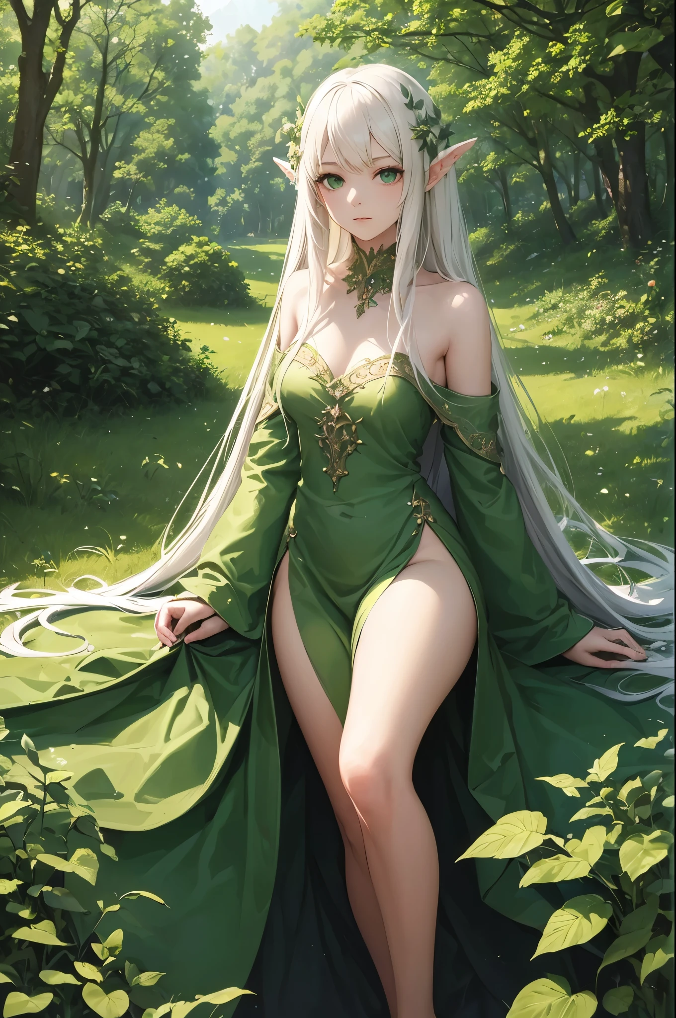 (obra-prima, melhor qualidade: 1.3), An elf with very pointed and large ears, golden crown, green hair, one hand is on her waist, With a silk veil on her face, delicate skin, sheer white silk dress, thick legs, magical forest in the background, sunny day