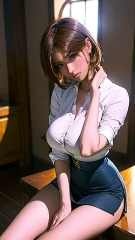 (best quality:1.3), (4k quality),(sharp image), Nobara, ((Detailed face)), ((masterpiece face)),((perfect detailed eyes)) (blush), Nobara, brown hair, short brown hair, brown eyes, pink lips, pink lips, sly face, face with stern features, ((detailed face)), perfect face, highly detailed eyes, masterpiece, absurdres , (intricate details), (colorful),cinematic lighting, extremely detailed CG unity 8k wallpaper , 1girl, solo, mature female, erected tits, fit body, cameltoe, dark blue uniform with skirt and stockings, (tricky glance, wicked smile), classroom, ((perfect small erected breast)), sitting on the table and showing her pussy under the skirt, spread legs, from bottom, fit body, nude tits, black thong