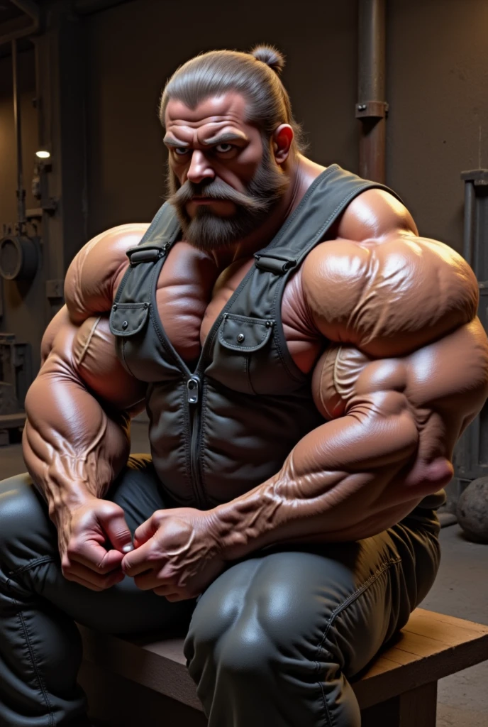 solo, 1boy, full shot, huge muscular old man, (thick chest hair, beard and red hair), topless, shirtless, ((giga muscle, massive muscle, thick arms, wide pectoral)), white background, shorts