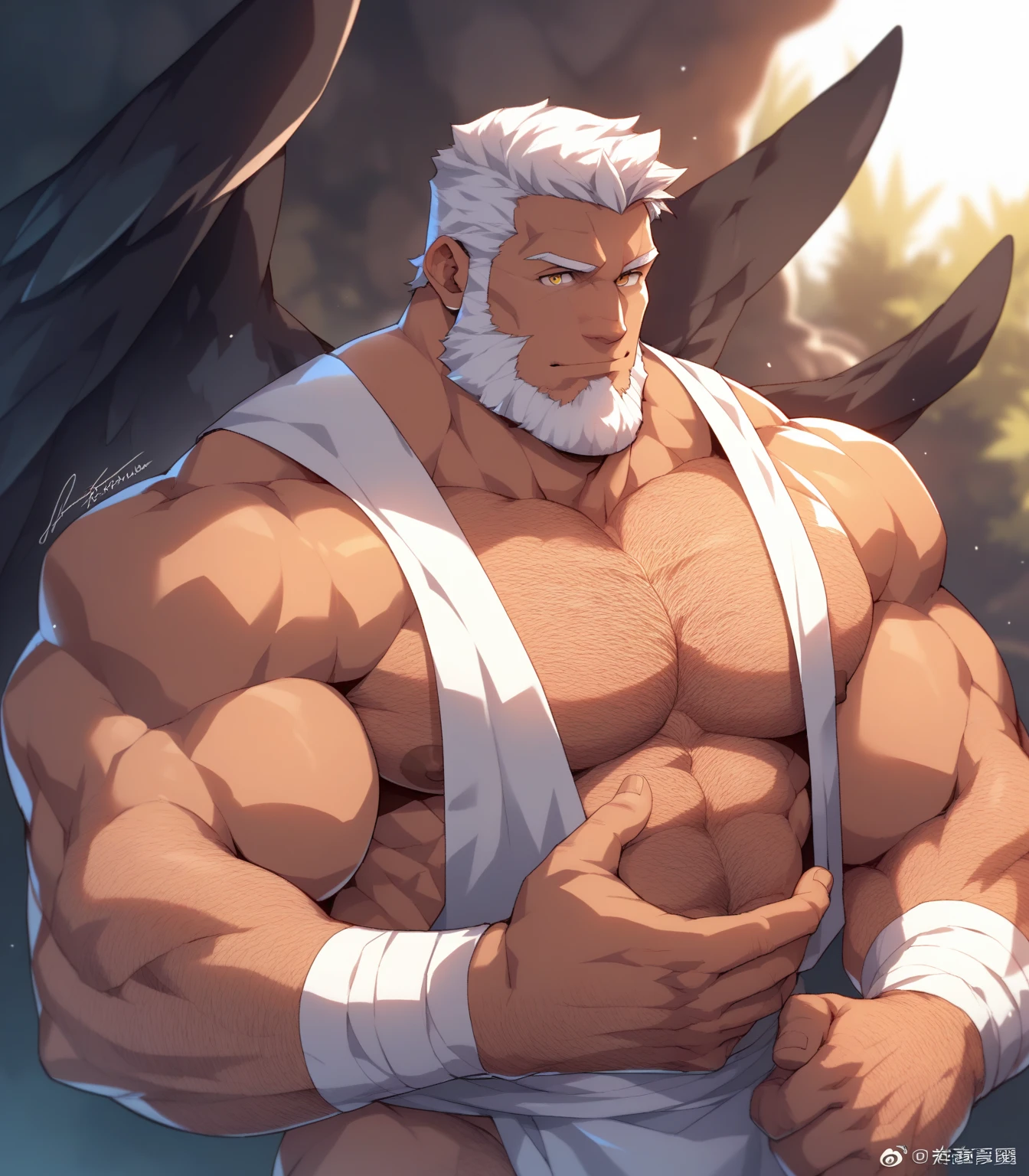 a drawing of a man with a large muscular body and a white skirt, beefcake pose, muscular!!, muscular character, muscular! white, Raubahn from ffxiv, muscular!, loin cloth, goro, muscular!!!, strong and imposing, technoviking male with no shirt, gigachad muscular, muscular!! sci-fi, muscular characters, as a titan, giant cock