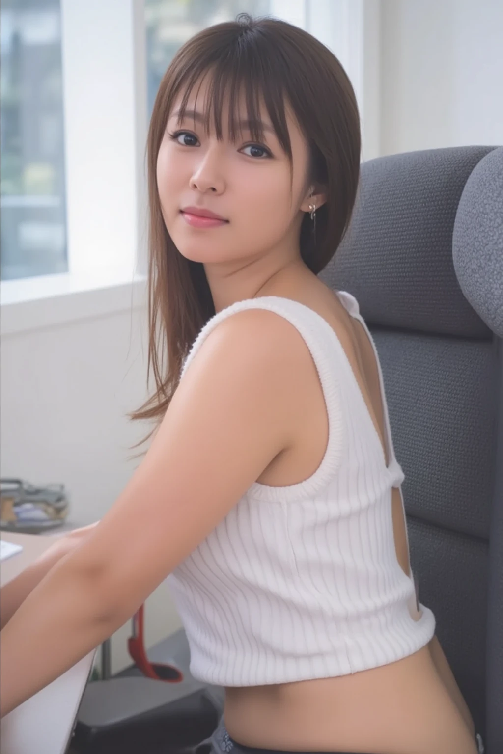 (Japanese girl concentrating on her work、Staring at the monitor、Working on a computer、Japan Office)、(Realistic、Like a photograph、Live Action、8K, Realistic, RAW Photos, Best image quality: 1.4), Single-lens reflex camera、RAW Photos, Highest quality, Realistic, Very detailed CG Unity 8k wallpaper, Written boundary depth, Cinematic Light, Lens flare, Ray Tracing, Realistic background、(Wear glasses、Sleeveless buttoned shirt:1.4、The button on the chest is undone、Cleavage、(Long skirt:1.5)、Big Breasts)、((ultra high density skin))、 Cute Japanese Woman、((whole body:1.5),short hair:1.2、Short Ponytail、tie your hair with a hair clip、I like that style、stylish、Very detailed、Pay attention to the details、Perfect outfit、(Sunburned skin)、View from above、Breast flash、View from the seat a little far away