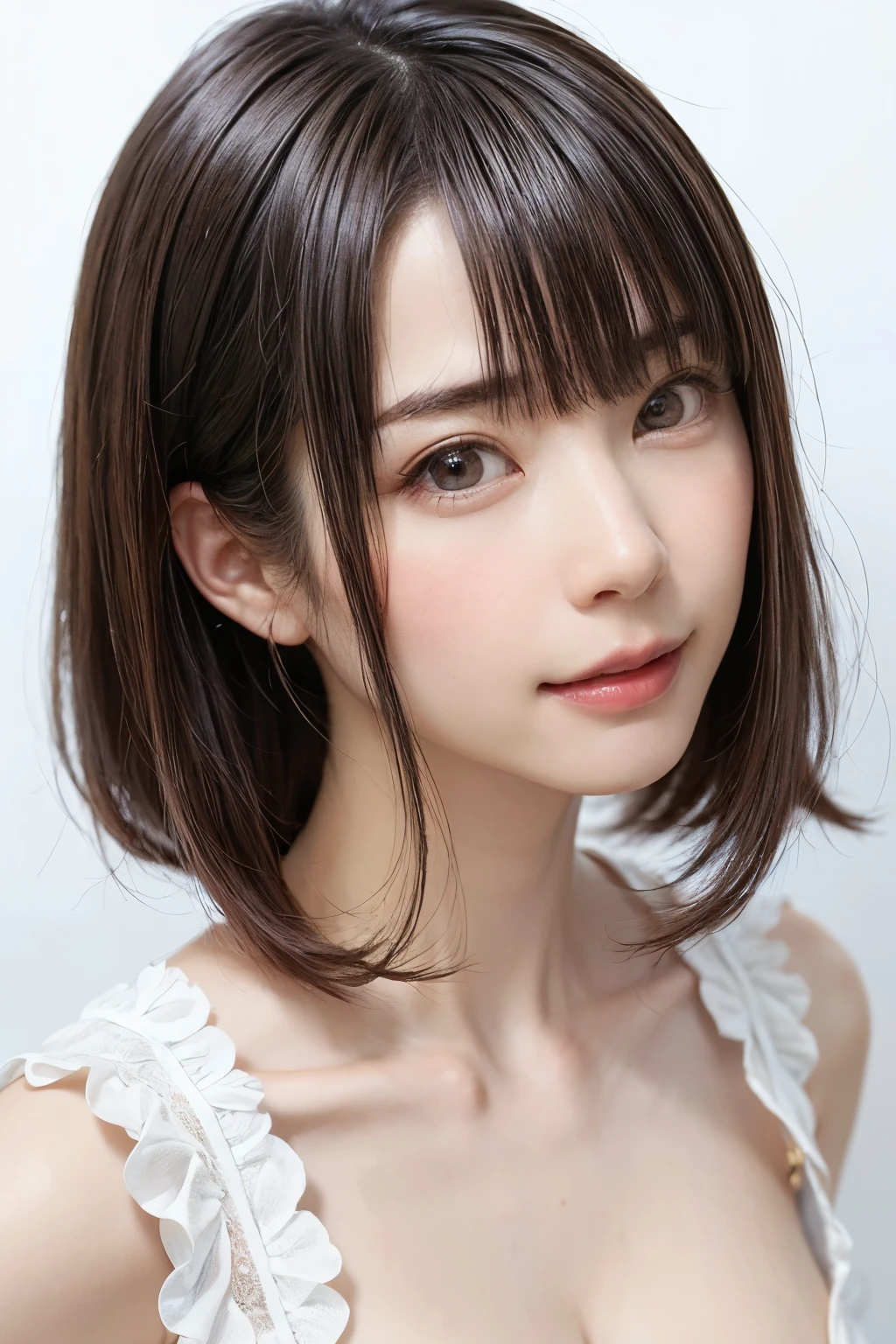 1 girl, alone, Shiny skin, chest, very detaileded, ultra detaileded, Ultra-high resolution, whole body, (Photorealism:1.4), (highest quality), (Best Shadow), Ulzzang-6500, detailed, Perfect lighting, Black Hair, ((Showpiece, highest quality, High precision)), One Girl, (big chest, Realistic: 1.4), (look up at the camera even a little, カメラをlook up, look up, look up at the camera, Looking into the camera))), alone, , White Background, snow-White Background, shut up., smile, pretty Black Hair, short hair:1.6, Big eyes, Transparent double eyelids, eyelash, listen, Long neck, Long neck, Absolute area, ((Face close-up, short hair with bangs)), 19 years old, Attractive proportions, Shiny skin, Beautiful clavicle, Golden ratio face, Perfect Face, Teardrop-shaped mole, chestのほくろ, bangs, clean bangs, beautiful bangs, Lip gloss, Thin lips, White skin, I took off my clothes, big chest, Small face, Small face, 少し上を向いてLooking into the camera, ((smile a little for the camera, really nothing pure White Background, Put out your ears、very big big chest, big chest))