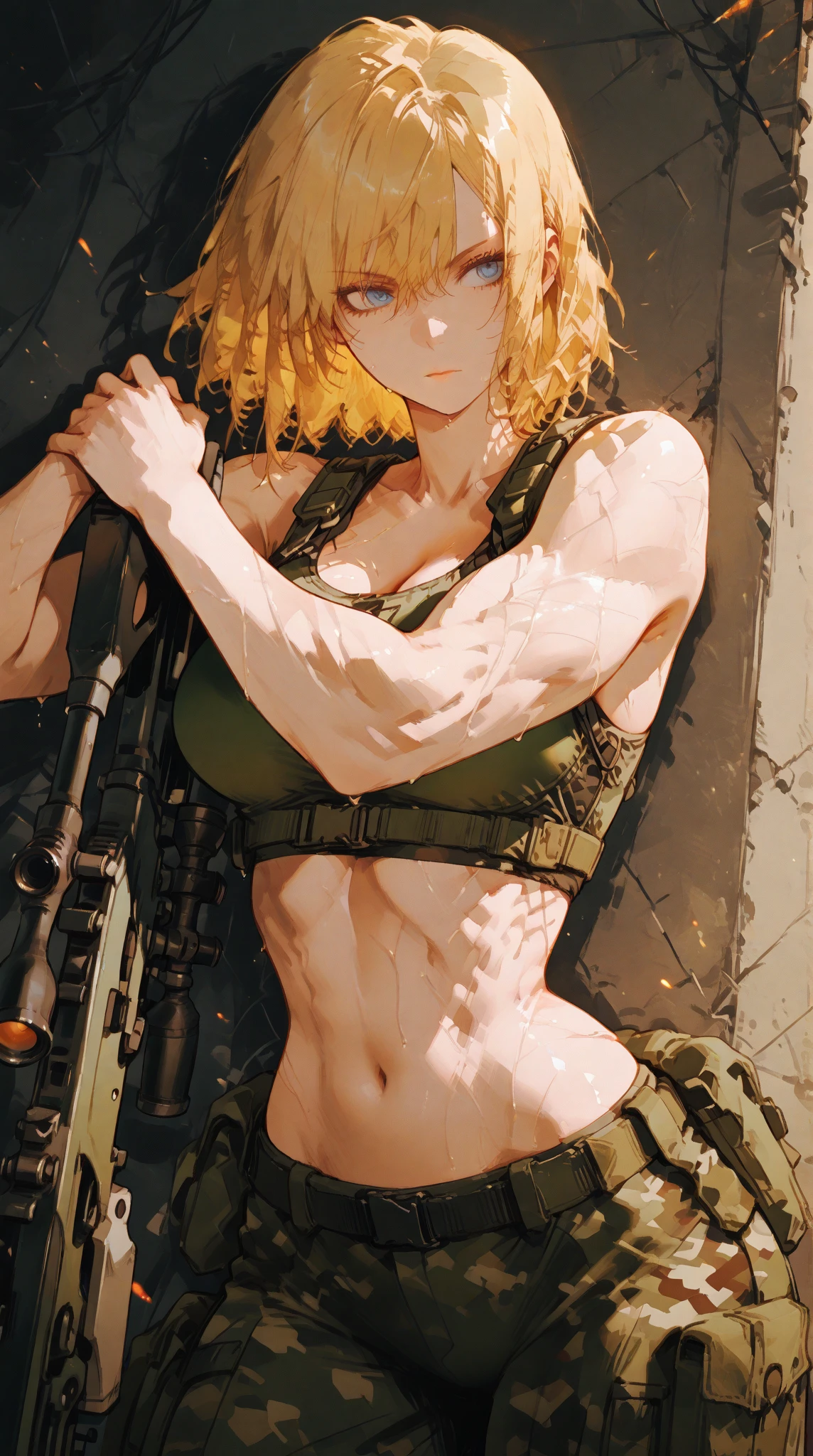 highest quality, Highest Resolution, Detailed and crisp image quality, 16k, Surreal, 1girl, alone, 
Tight clothes that cling to her beautiful body lines, [Combat Uniform|Swimsuit]Girl wearing a mask and attacking with a rifle, (A seductive ass with pants digging into it:0.6), (A bust so big it looks like it might tear her clothes:0.7), 
BREAK: Gun aimed at viewers, (Camouflage Bikini), Beautiful Abs, Feminine muscle expression, 
BREAK An attack that captivates the crowd, Strong vigilance, Provocative attitude, Challenging and ambitious, 
BREAK: Background to the conflict zone, blast, Smokescreen, Bullets fly around, Full color, 
BREAK Ultra-realism, Detailed and realistic skin texture, Detailed and intricate texture, Detailed and intricate brushwork, Detailed and clear depiction, Transparent depiction, aesthetic, 
Dynamic wide full body shot, ankle in of frame, 
BREAK Movie lighting effects, 
BREAK Realistic and accurate movement, 
BREAK Ultra High Resolution, Use all kinds of effects to captivate your audience, 
BREAK Removes excess noise, 
BREAK Re-drawing into a clear and vivid work, Rendering with afterimage, 