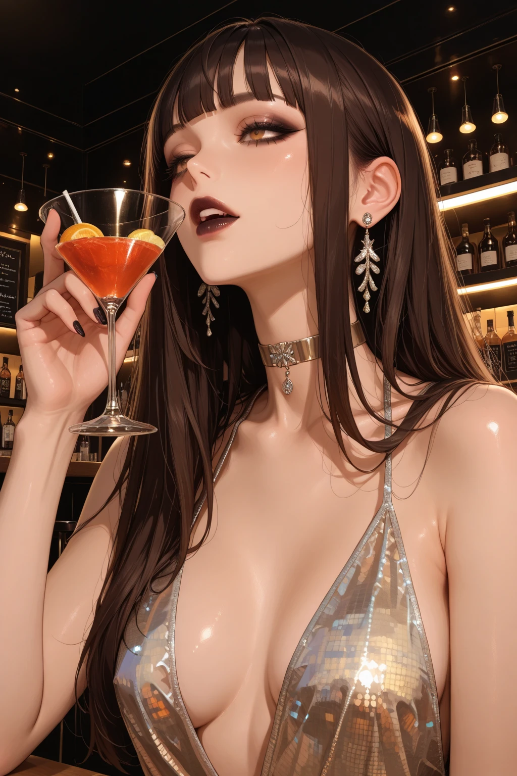 masterpiece, digital photography, raw photo, famous artwork, hdr, a portrait of a stunning woman, temptress, wearing a cocktail, open dress, extremely detailed, dark brown eyes, detailed background,