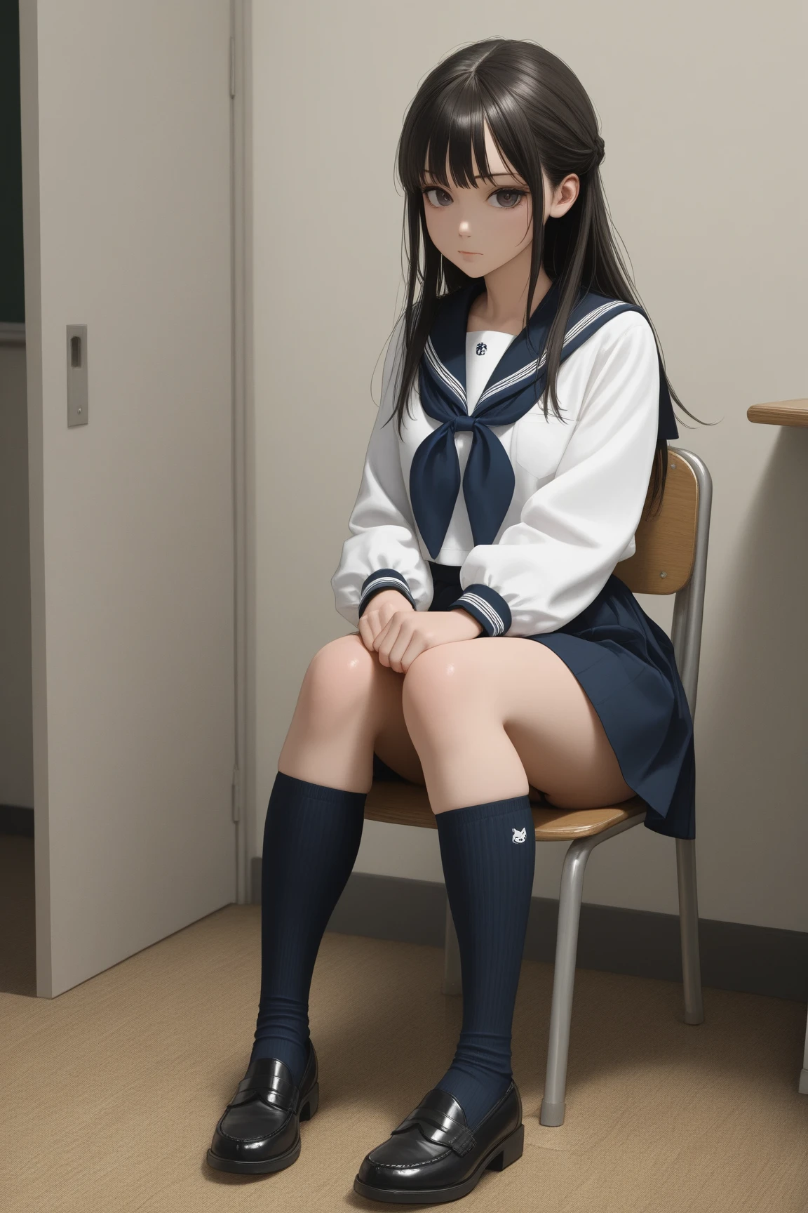 there is a woman sitting on the floor in a classroom, the anime girl is crouching, a hyperrealistic schoolgirl, akane owari danganronpa, hyperrealistic schoolgirl, anime girl cosplay, ayaka cosplay, cute schoolgirl, anime. soft lighting, of a schoolgirl posing, beautiful anime high school girl, sakimichan hdri