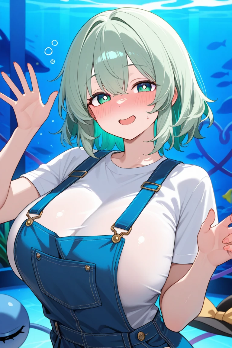 (from below:0.5), score_9_up,score_8_up, (Camie),1girl, solo, dark violet eyes, ((juice)), green hair, short hair, blush, nature, bubbles, closed mouth, smile, big breast, pose, ((sitting )), (thin girl:1.2), mermaid, entertainment park