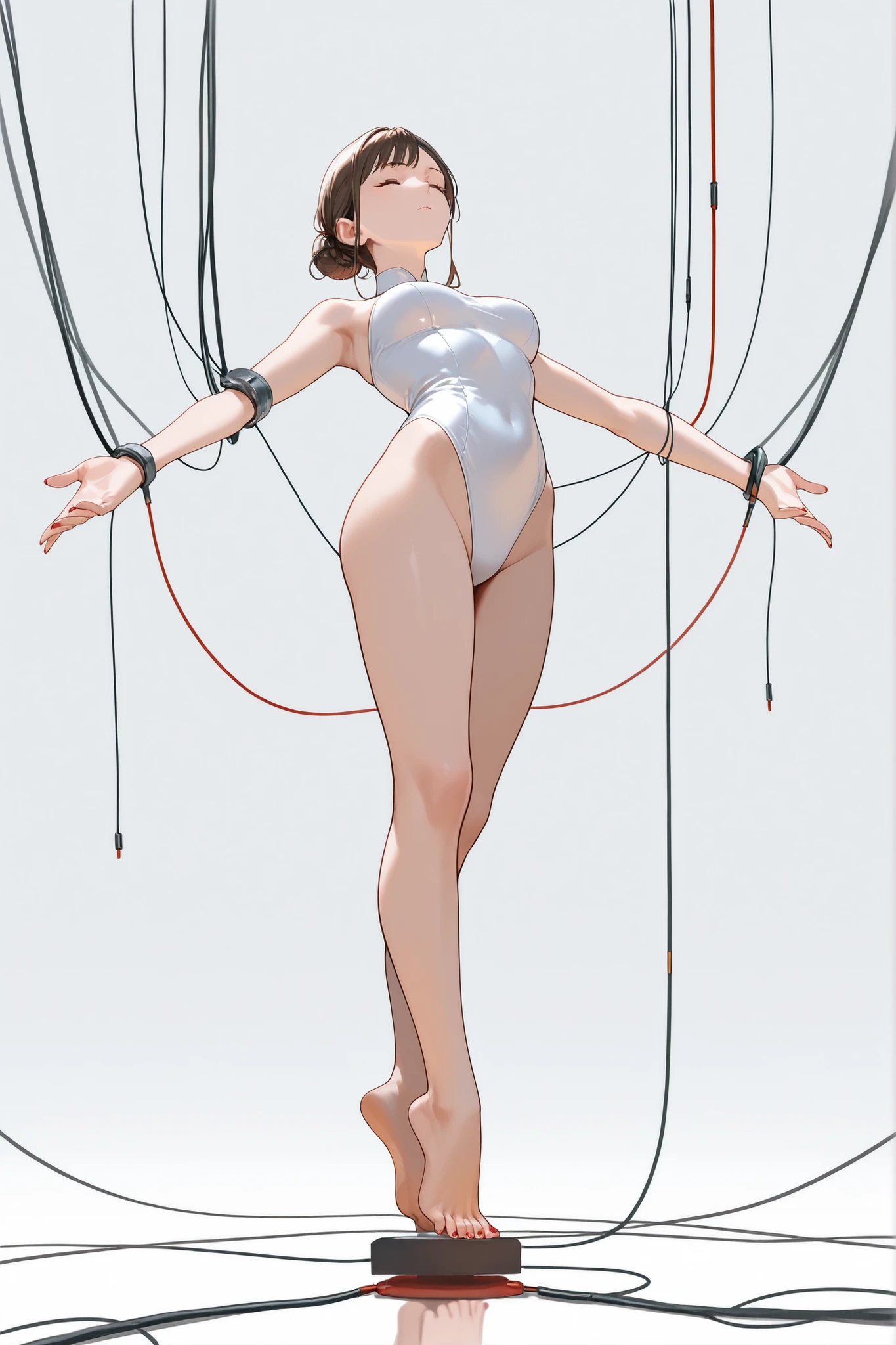 (((masterpiece))), ((((best quality)))), (((ultra-detailed))), (highly detailed CG illustration), ((an extremely delicate and beautiful)),(cute delicate face),cinematic light,((1mechanical girl)),solo,full body,(machine made joints:1.4),((machanical limbs)),(blood vessels connected to tubes),((mechanical vertebra attaching to back)),((mechanical cervial attaching to neck)),((sitting)),expressionless,(wires and cables attaching to head and body:1.5),(character focus),science fiction, nude, high heels, blue aura