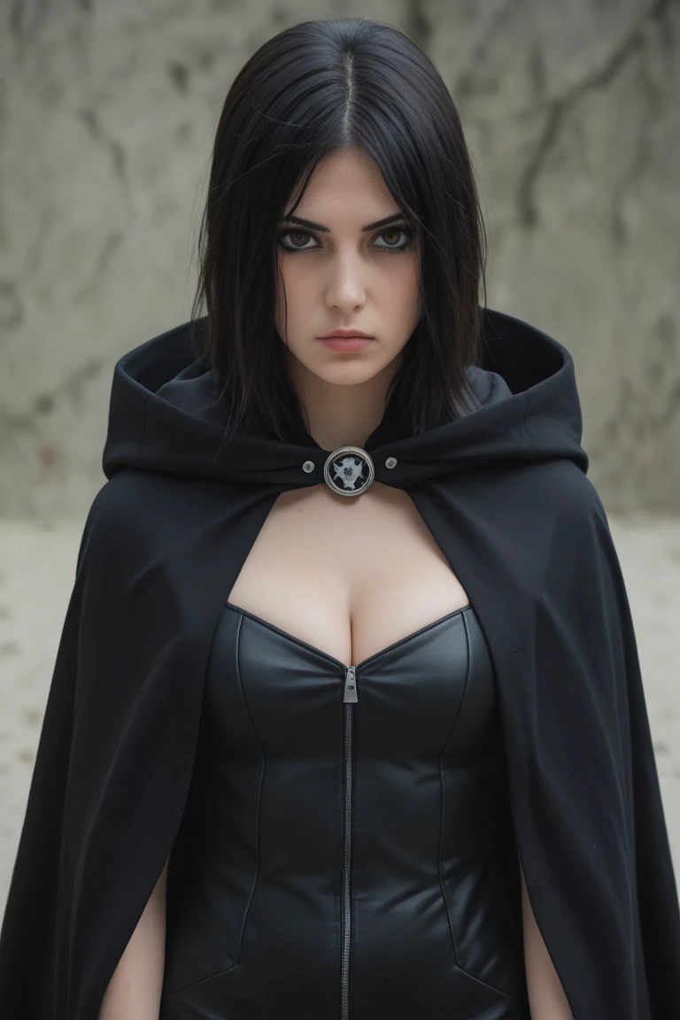 pretty woman, detailed symmetric eyes, detailed gorgeous face,
delicate, beautiful, slender, cleavage, necklace, dress, jewelry,
necklace, gothic, black magician's robe, black cape, hood,
realistic, perspective, depth of field, blurred background,
sharp focus, focus on the face, perspective, snowy mountain,
sunray tracing, RAW, HDR, 8k, dslr, rembrant lighting,
high quality, film grain, Fujifilm XT3