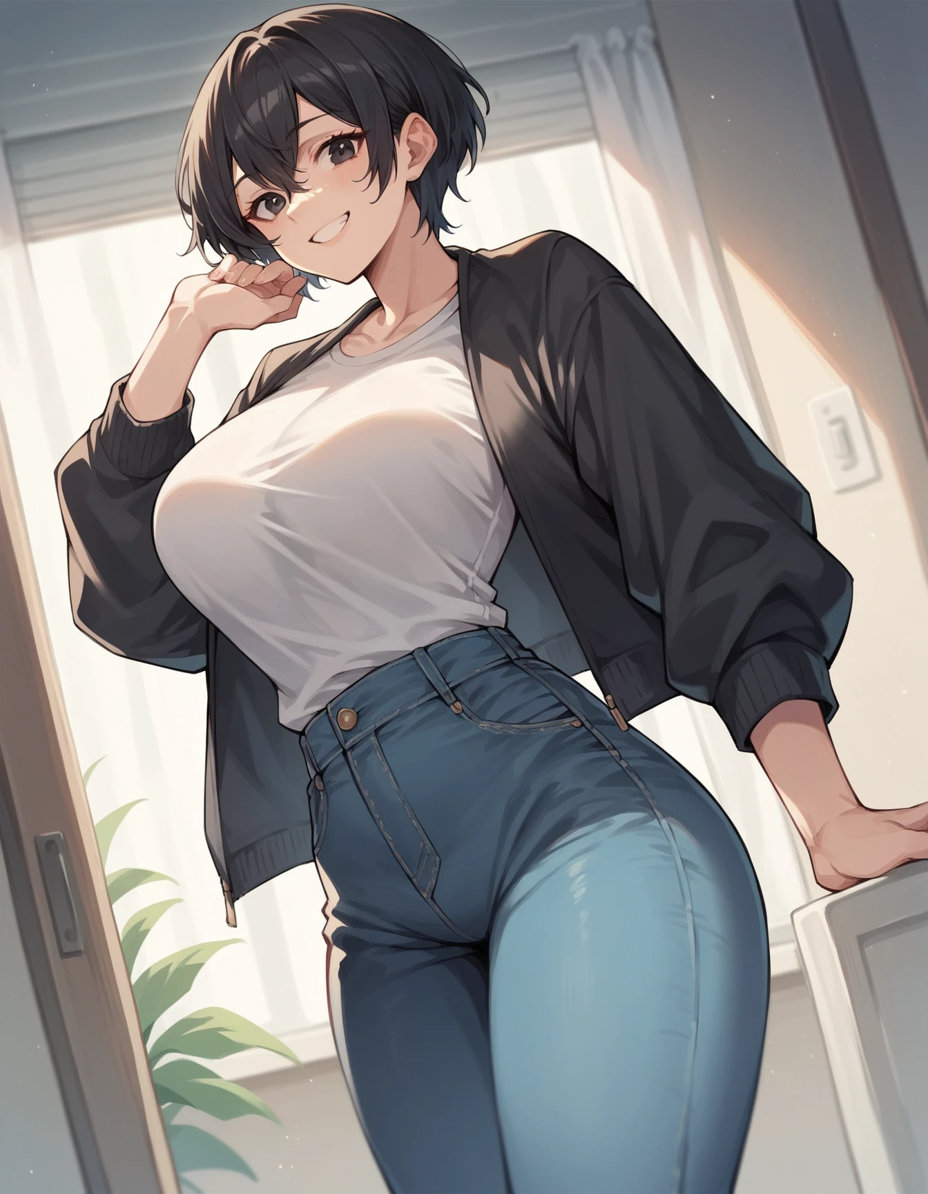 Short-haired girl Medium breasts Big ass Yellow eyes (they shine a little)
height 1,68 Bring a shirt, Clothes, torn pants (se le ve la Clothes interior)
Smiling Beautiful Cute Blushing Provocative Pose