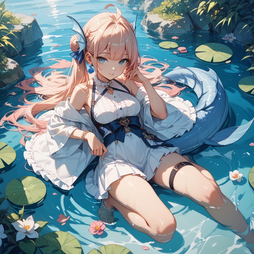 best quality、Flandre Scarlet(blonde)One ponytail、cute、kimono、fantasy、lying down in shallow water