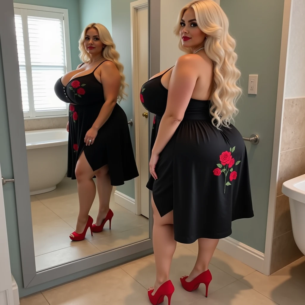 A beautiful busty blonde haired blue eyed woman resembling like Anna Nicole Smith, 21 years old, with extremely humongous tits, wearing short red dress showing the cleavage and highlighting her curves, smiling, seductive and walking through the streets of Lyon, black heels, photorealistic, 8k, highly detailed, dramatic lighting, cinematic composition, elegant fashion, glamorous, intricate details, hyper realistic