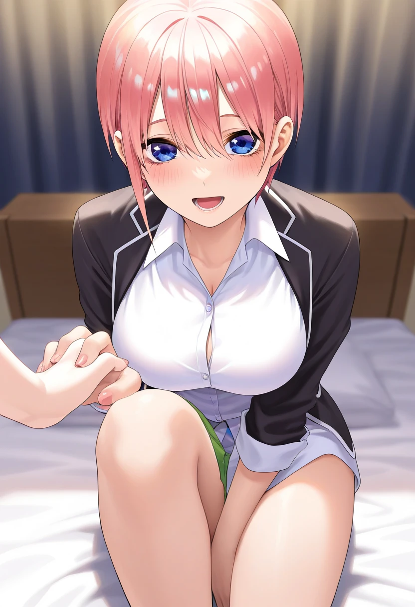 Maki nishikino,love live,highres,red hair , purple eyes,blush ,bare legs ,barefoot,bed ,cleavage ,collarbone ,doctor , licking lips,infirmary ,lab coat ,leaning forward , girl on top,pov,on bed ,pencil skirt , cowgirl position , sitting on top