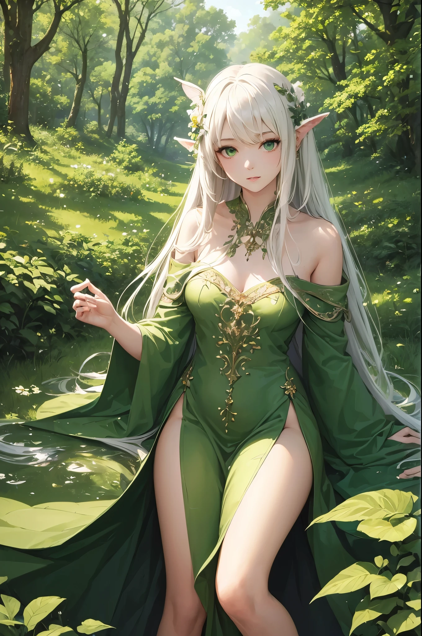 ((seductive))((majestic, magnificent, pure)) ((beautiful forest nymph elf)) ((pale skin)) ((elf ears)) ((dark eyeshadows make up)) ((red lips)), ((cute smile)) ((long blonde hair))((big breast:1.5)) ((slender body:1.4)) ((wear white tunic)) ((jewerly, earrings, flowers decorating hair)) ((pose relaxing at magic lake inside forest at night)) ((magic aura aroung her, magical particles floating around)) , ((high definition:1.5), ((masterpiece:1.5))((8k:1.5)) ((Best quality:1.4)), more_details:-1, more_details:0, more_details:0.5, more_details:1, more_details:1.5, more prism, vibrant color