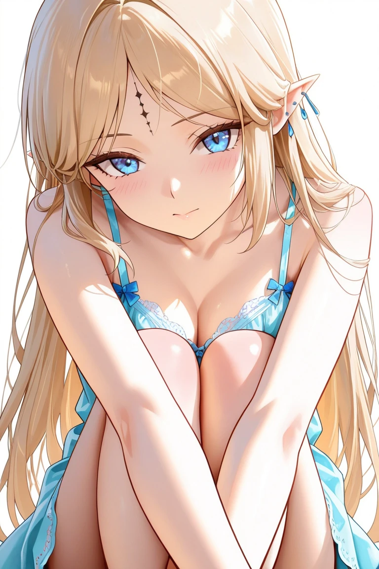 bare breasts、(satin、silk、(Blue bra))、Highest quality, Super Fine, 16K, Incredibly absurd, Very detailed, Beautiful and cute woman, shy, Big, bright eyes, Blonde double-sided princess hairstyle, Princess-like pink ruffled long flare skirt dress, Simple color background