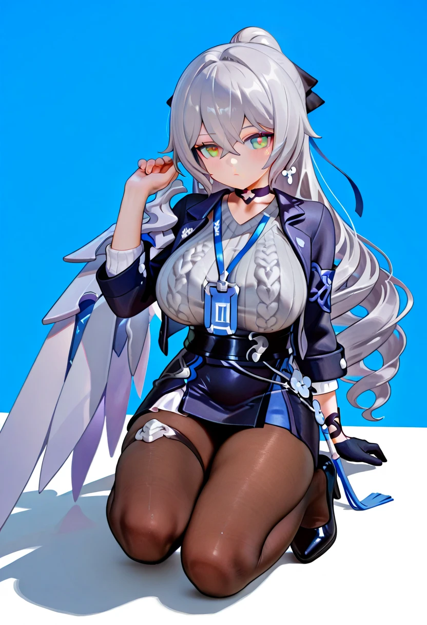 ((Highest quality)), ((masterpiece)), ((Very detailed)), (Very mature),A cute, gentle-looking female high school student with black hair and a height of about 165cm.,A female high school student with big breasts and a cute smile wearing a transparent blue waifus with a cute patterned hood and bare shoulders, A gentle woman with a slightly long vertical face,Small Faced Woman,alone, Cute attitude,(background(bright),Long Hair - Straight,Knee-high socks、A transparent blue veil with a cute pattern and white hood with off-the-shoulder sleeves,White wall、Sitting、Facing the viewer、縁に模様がある壁が1面のbackground