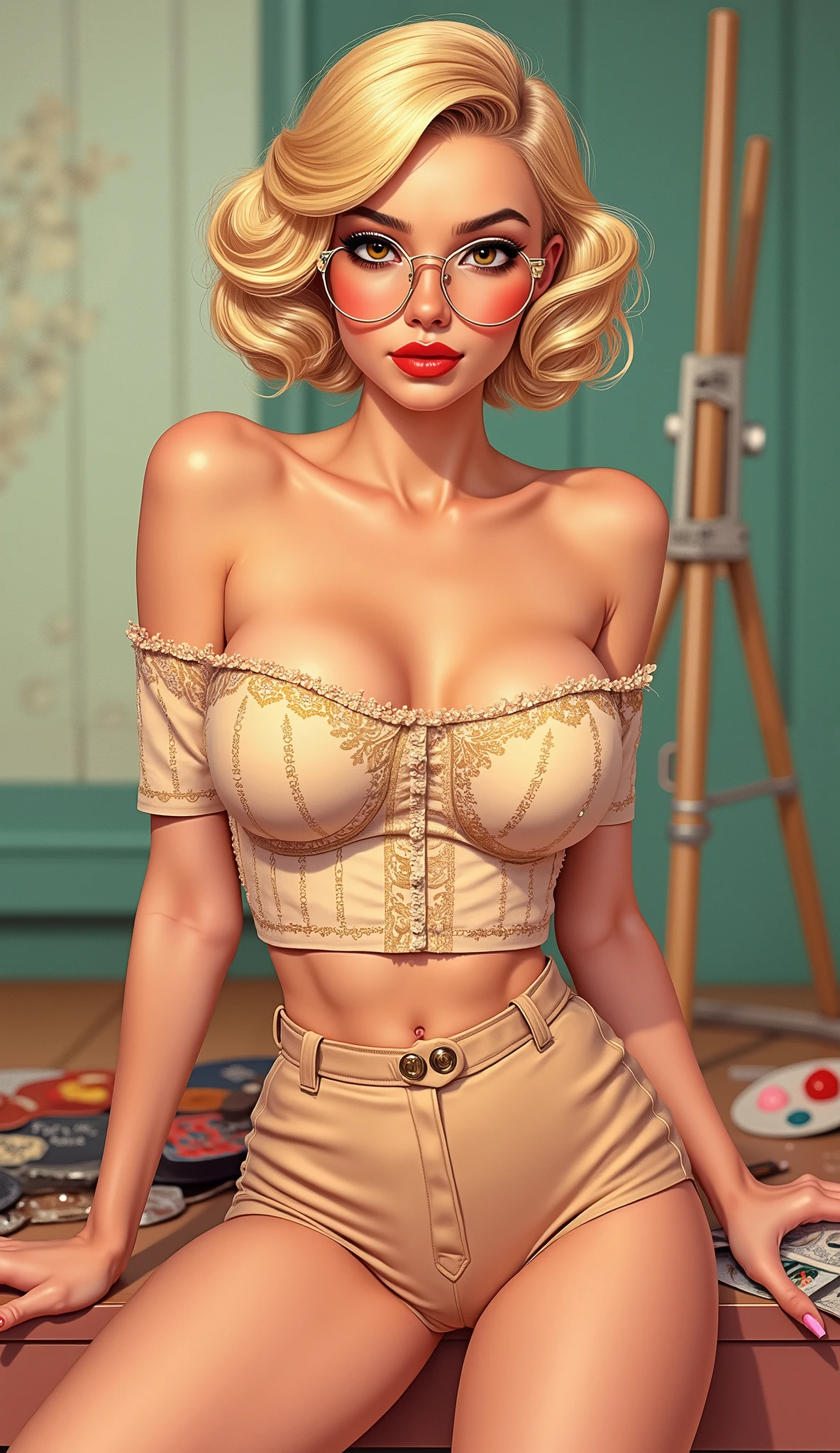 1950s style pin-up, basic colour palette, showing Lindsey Stirling, wearing authentic 1950s style lingerie, sweaty skin, pocket, ankle socks, lipstick, hair in ponytail, laughing, kneeling in a 1950s style diner, hands in cameltoe, hands between thighs, bare breasts with erect nipples, holding milkshake, naked