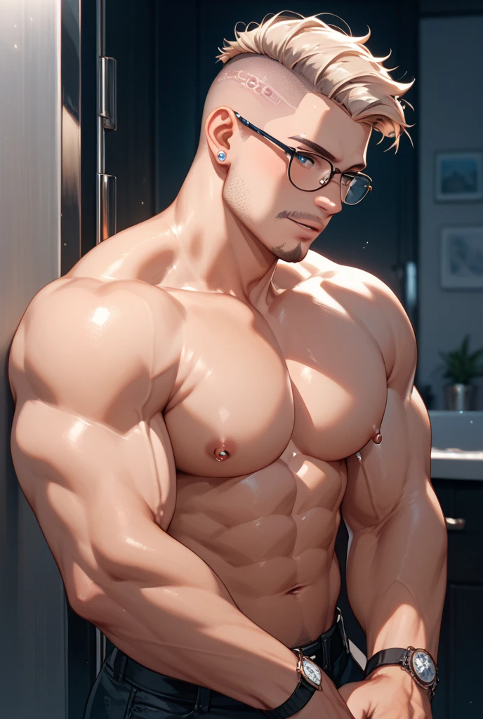(masutepiece: 1.3), (max resolution: 1.2), (Ultra HDTV: 1.2), cinematric light, 8K resolution, Detailed muscle definition, Highly detailed skin texture, (Sharp Focus: 1.2), (Focus on Body:1.2), Joe Biden's sculpted physique, Oily glistening skin, Toned muscles, Ripped abs, Glossy skin, Fair complexion, (Detailed facial features: 1.2),  (Glasses: 1.3), ((In a bedroom setting: 1.2)), (Deep in concentration: 1.2), Oiling