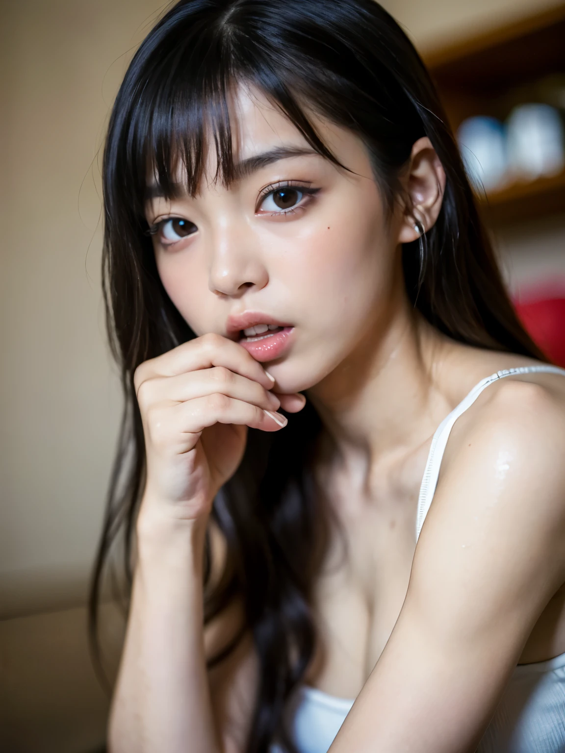 ((masterpiece、Highest quality、High resolution、Perfect Pixel、8K))、The background is my room、1People Girls、Japanese、Idol、((laugh))、((hime_cut、Black Hair))、((Brown eyes、Beautiful eyelashes、current eyes))、((Detailed face、blush:1.2))、((Smooth texture:0.75、Realistic texture:0.65、Dynamic Angle、Perfect body、Diagonally from the side
、Push Up Bar、push ups、training