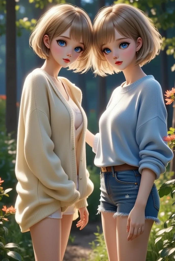 long hair, looking at viewer, blush, bangs, blue eyes, multiple girls, blonde hair, shirt, 2girls, jewelry, sitting, closed mouth, full body, white shirt, short sleeves, earrings, outdoors, shoes, shorts, day, socks, pants, nail polish, tree, white footwear, blue shirt, denim, white socks, t-shirt, sneakers, knee up, blue shorts, watch, blue pants, pool, green nails