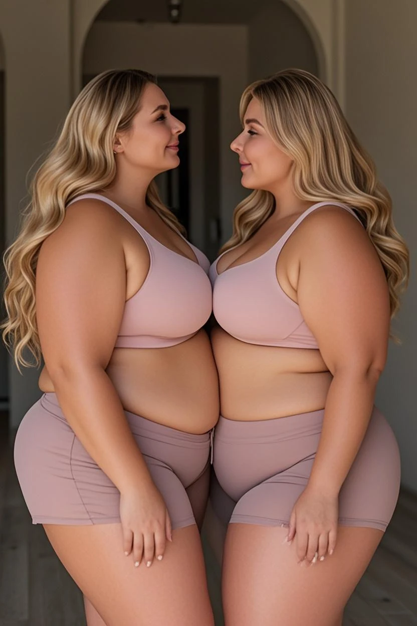 2 blonde women. big breasts. Wide hips. long and blond hair, blue eyes. Wearing black yoga pants and a red t-shirt . in a gym. looking directly at the camera, Full body photo, subtle makeup, impresionante Full body photo. Natural makeup, natural lighting. ultra realistic, meticulously detailed, realistic photo. Fatten them up to the max with 4-image sequences, In the first photo show me the ones that weigh 50 kg, the second 99 kg, the third 180 kg and the last 380 kg