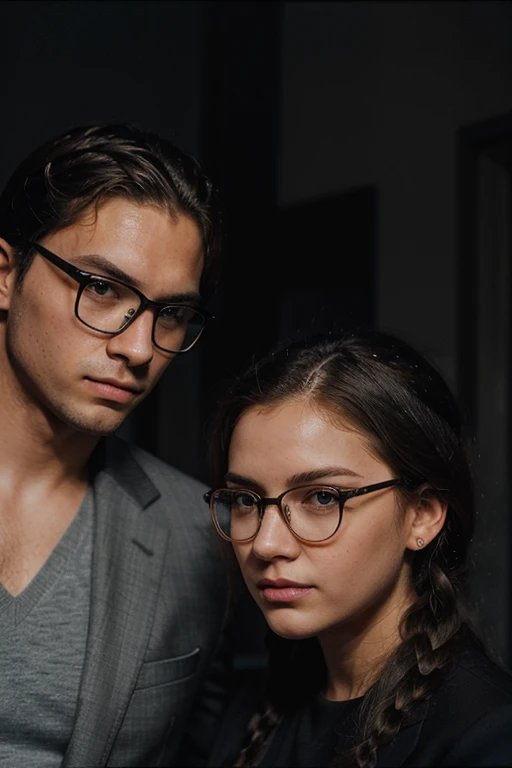 Couple. Fille: curly hair, rouges, yeux gris. boy : cheveux bruns en bataille, barbe, lunettes, yeux bleus