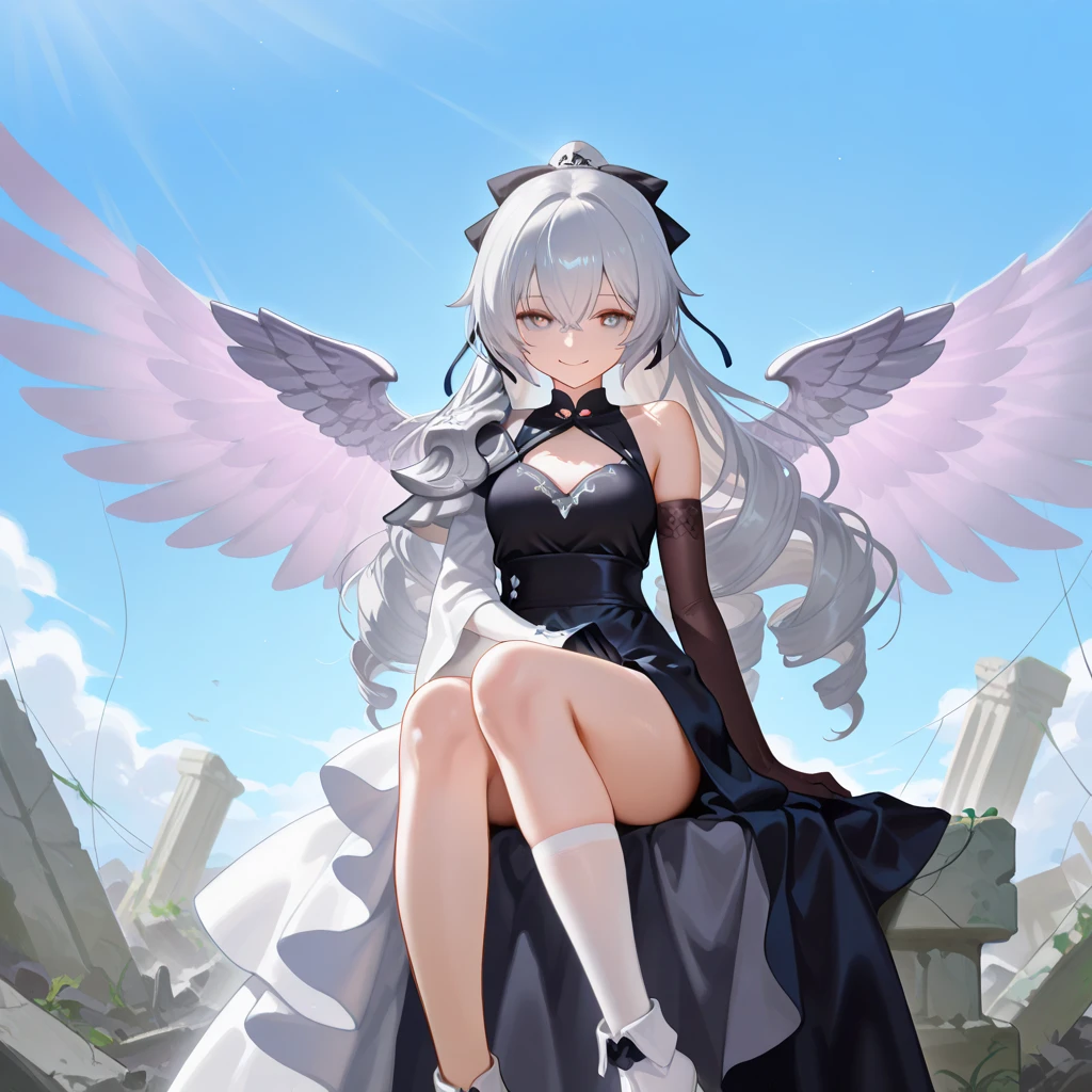 //Character 1girl, cute girl, slim and soft, medium large breast, ultra detailed face, innocent, round face, thin eyeblow, heart shaped pupils, translucent skin, smiling full of compassion, extra long hair, blonde hair, curly side up style BREAK //Fashion Her outfit is inspired with a fallen angel to the obscenity of the lower world, it consists tulle body suit,side tie thong, insects wings, laurel wreath on her head, (her clothes are black fabric and vivid silver :1.8), It is little of the atmosphere of something sacred, BREAK //LOCATION flower garden, BREAK // behavior She hug to a pole shaped extra-long pillow, sit atop the long pillow, cruthes the pillow between her legs, behind view, focus on butt, she is like jockey of the pillow, she has A compassionate heart that accepts everyone, blushed , embarrassed, ecstasy