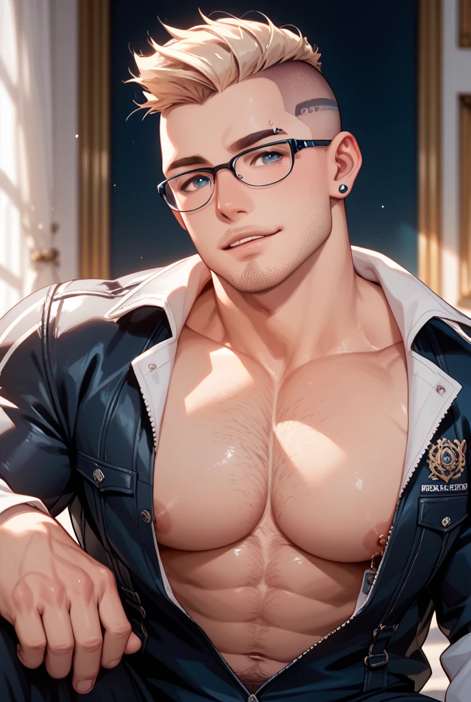 Japanese male model, adult, handsome, perfect face, detailed eyes and face, clean shaved, sixpack realistic, white eyebrow hair, white eyelashes, dynamic lighting, unreal engine 5, hd picture, satoru gojo, white hair, short hair ,hair between eyes ,blue eyes, white skin, Leather jacket, sunglasses, Short jeans