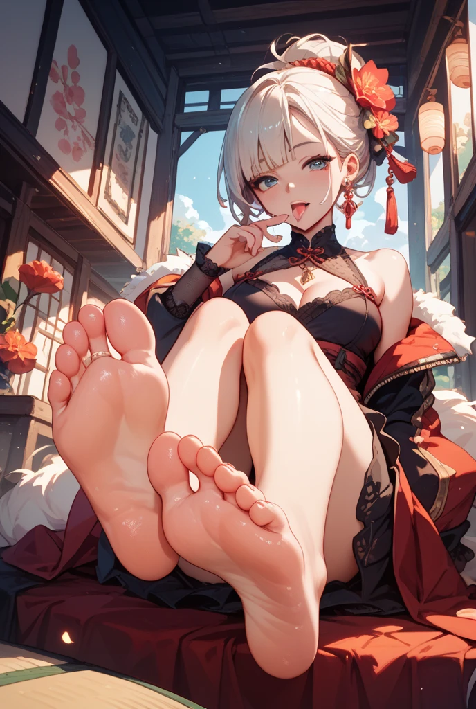 (masterpiece),1girl,foot focus, full body, looking at viewer, china town, crowd, clear, pale skin, blonde hair, short hair, blue eyes, china dress, feet up, nsfw,