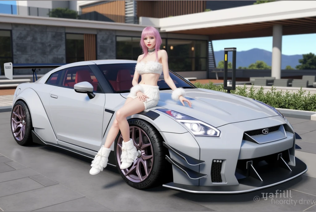 masterpiece, excellent quality, high quality, 1girl, looking at viewer, mature woman, full body, tall female, standing, beside of black car, car focus, (blond hair, bangs, very long hair:1.2), straight hair, eyelashes, cute face, detailed face, detailed eyes, eyelashes, blue eyes, confident smile, detailed lips, medium breasts, linea alba, navel, midriff, (choker, strapless, white tube top, white trousers, white sneakers:1.2), midnight, night time, night sky, stars, black porsche, tokyo, japan, intersection, skyscraper, buildings, shops, trees, bushes, (wind)