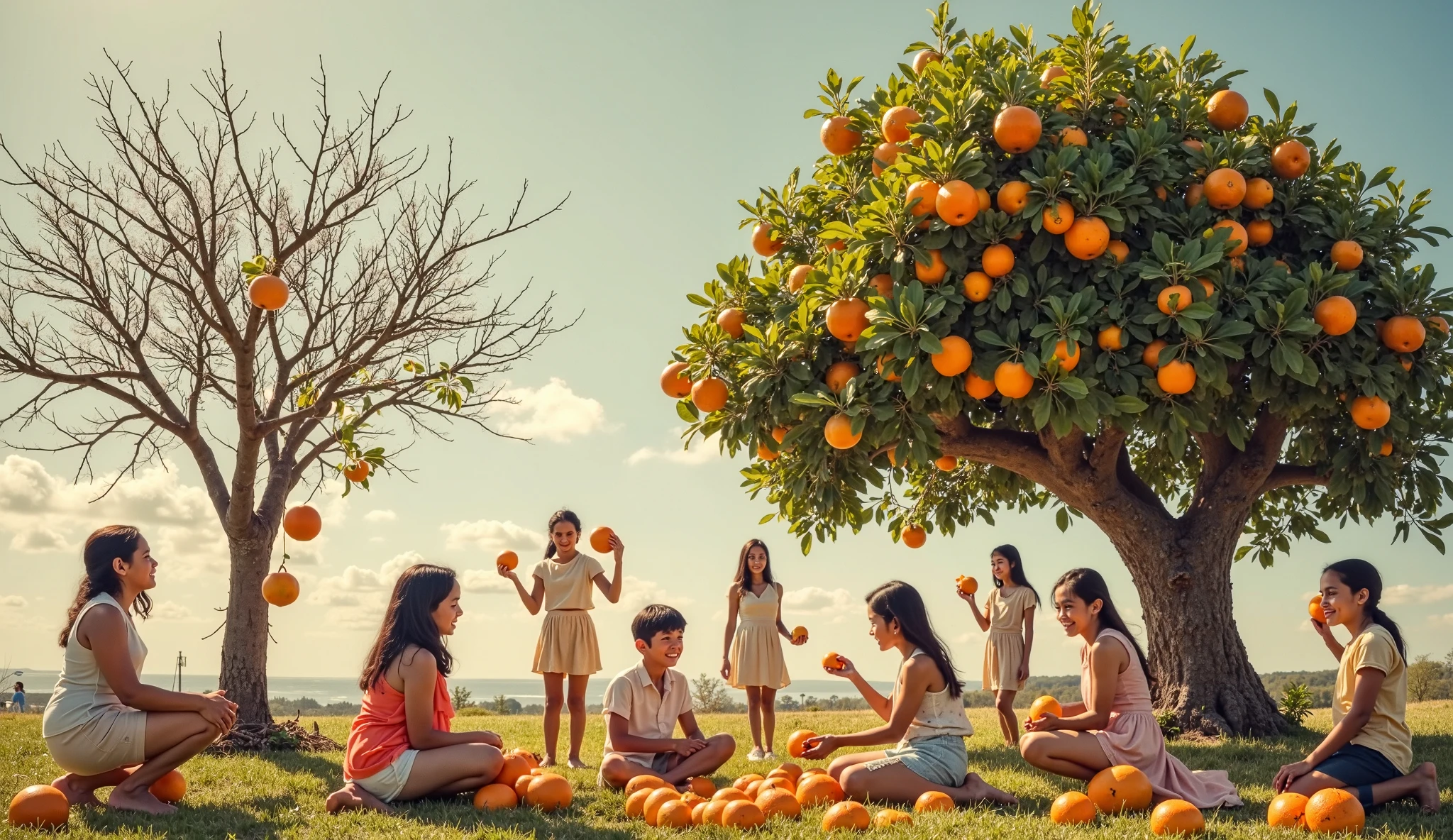 estilo russo, Girl children, portrait , DARK long hair braids with hat, estilo fazendeira, com rolos de feno e trigo e cavalo, celeiros, ORANGES.