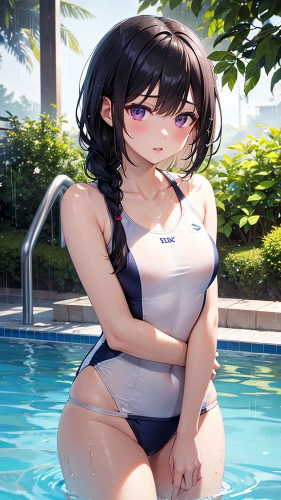 masterpiece,Highest quality,High resolution,shape,Very detailed,8K ,Super adopted, Super detailed girls, Ultra-fine illustrations, break, (Sexy pose:1.4), (View your viewers), whole body, Perfect female body, high school student, One Girl,Long black hair, Black oversized swimsuit,White background,medium chest circumference,Sitting on the floor with legs crossed