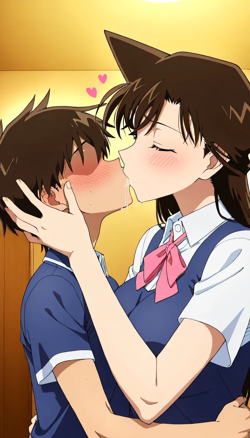 kissing画像,舌を絡ませたkissingをします,droolを垂らしながら,masterpiece,最High Quality,{{beautiful face and eyes、detail}}, Highly detail Background,Maidカフェ,Maidカフェ,Hotels, Mouri Ran,long hair,brown hair,skinny, Slim, Slimの体,line of movement、Anime coloring、tall woman、Maid、Maid clerk、Kind Older Sister 、masterpiece、High Quality、High Definition、 Pretty Fingers、 Glowing Lips 、(Maid服を着る、装飾が多いかわいいMaid服)、(kissing、ディープkissing:1.3)、(向かい合い密着し抱きつきkissingをする:1.0)、女性と幼い少年が向かい合って抱きつきkissingをします、Face to face hug ,women entangle their legs、(affectionate and kind woman )、(little short boy、women have an advantage over men)、(short , dark-haired boy with no eyes)、(height difference、Body size difference )、(woman 1 short 1 :1.0)、(Smile Yang ,blush:1.1),A woman with a gentle expression、embarrassed face、an embarrassing expression、Women Are Happy 、Perverted and happy woman、Happy attractive woman、women have mischievous expressions、joy、mouth、drool、 唾液を垂らしまくる、Strongly grab a woman's chest 、white breath、Hot、Steam、heart mark、 lovey-dovey mood 、Maidカフェ、Hotels、詳細なMaidカフェ、upper body、upper bodyフォーカス、kissingフォーカス、angle of view from an angle、oblique top view angle with saliva dripping,