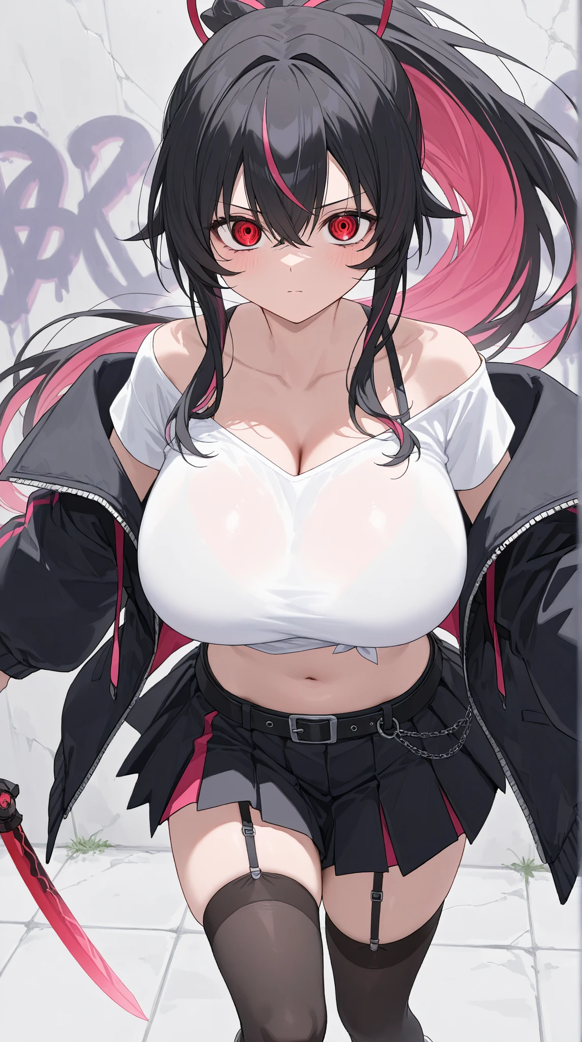 very long hair, black hair, jacket, red_jacket, red_eyes, bangs, school_uniform, straight hair, blunt_bangs, inside casino, poker tables, poker cards, looking down at viewer, big breasts, full body, crazy eyes, insane, wide open eyes, glowing eyes, glossy lips, blush, satisfied facial expression, sexually aroused, obsessive facial expression, crazy facial expression, hands out of frame, adult, mature, milf,