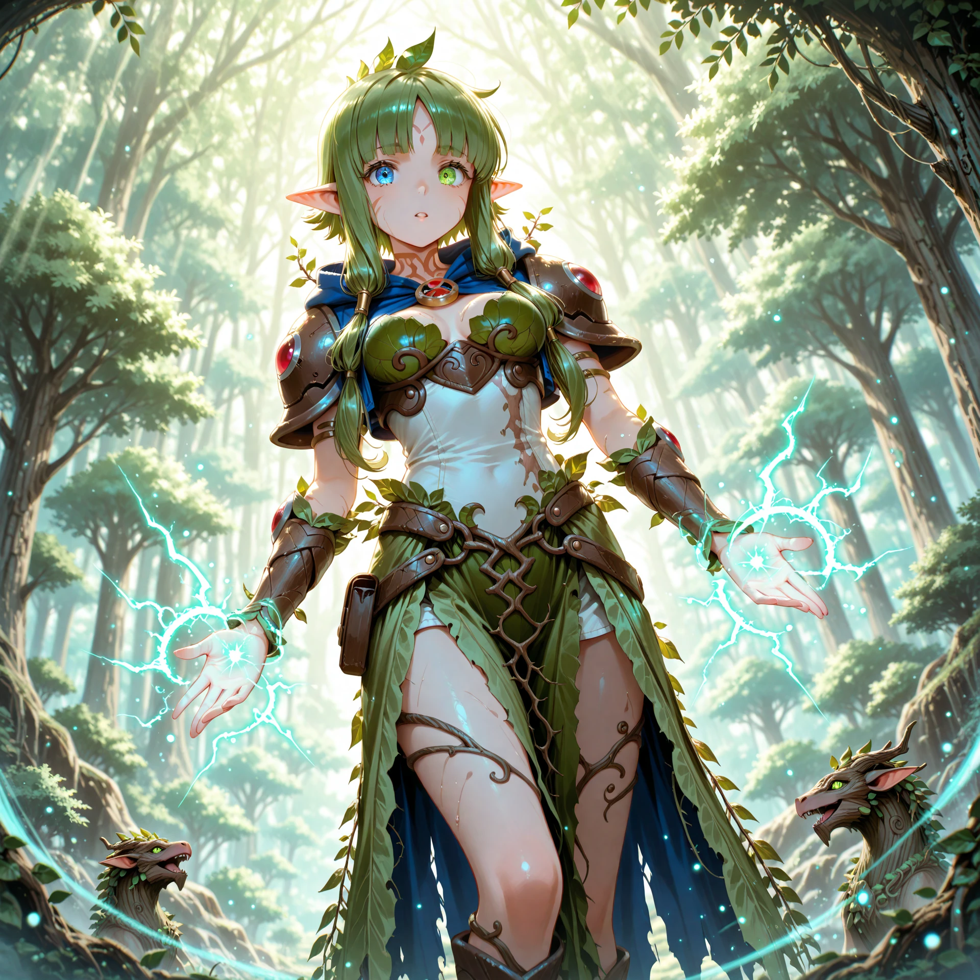 High resolution,Sharp focus,(Super detailed,Very detailed),(Very detailed CG unity 8k wallpaper),(((Vibrant colors))), Complex eyes,Beautiful fine details,Symmetrical eyes,Big eyes:1.5,Seductive eyes,Camel Toe,erection of nipple, 1girl,Elf,Pointy Ears,Green Hair,Long Hair,Side Lock,Green Eyes,Hair Ribbon, Small breasts,Cape,Black gloves,Brown shorts,Green thigh-high socks,belt,Brown shorts,beltバッグ, (Flying debris, 超High resolution),Wear an iridescent aura, Invisible Light, Amazing shine, Neon green glow, The colors of another world,Bright colors,Arrogant look, Domineering smile,Open your mouth,　huge nipples, slouching,Dripping water,　spread legs,　oral invitation,　from side, upper body,Forest Fountain,Silent Water Surface,Plants are overgrown,reflection,Plants are overgrown,Dazzling Light, Ancient ruins buried in the forest,