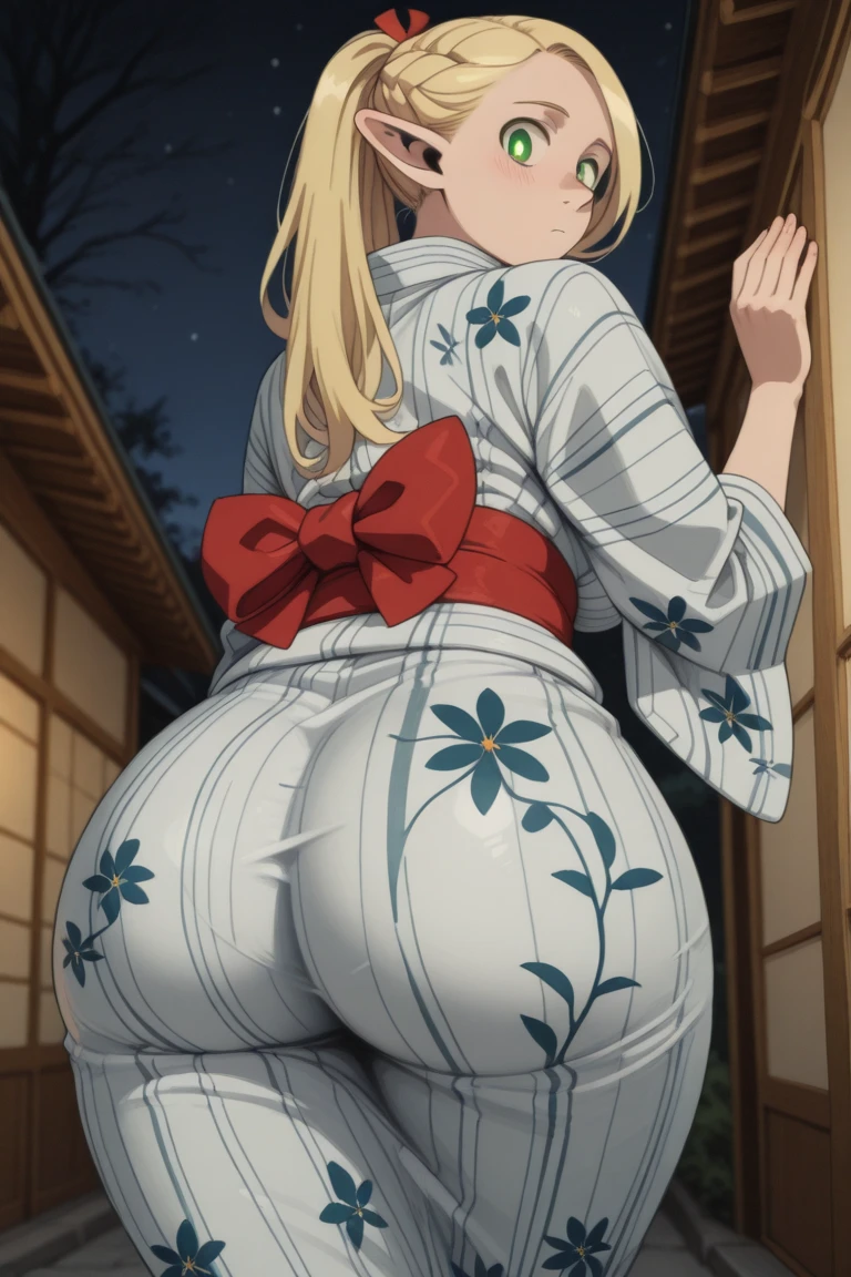 (Top view), (Highest quality: 1.5), (masterpiece: 1.5), (2.5D), (Good definition), (Detailed face), (Well-drawn faces), (Excellent drawings), (Vibrant colors) , (exaggerated proportions), (transformation), (Perfect Anatomy), (character in the center), (Absurd), (4K wallpaper), (Detailed eyes), (Perfect hands), (Perfect Fingers), (Beautiful skin), (Glowing Skin), (Perfect Shadow), (Perfect lighting), (whole body), (Beautiful Eyes), (masterpiece), (Voluptuous body), (Pretty face), Adult female, Captivating Mature Woman, Face Mature Mature, Mature Woman, Blonde hair in a low, slightly messy ponytail, Green Eyes, Wear glasses, Wearing an elegant yukata, Very surprised、Blushing look, She is holding a white cloth in her hand, Huge breasts, Huge thighs, Huge Ass, The body is voluptuous, Good balance, She is squatting on the floor of a traditional Japanese house., Back view