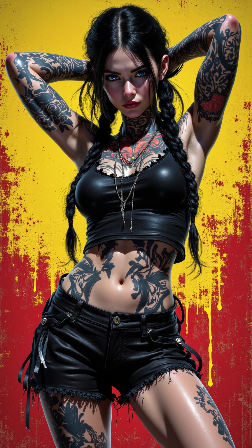 (best quality,4k,8k,highres,masterpiece:1.2),ultra-detailed,(realistic,photorealistic,photo-realistic:1.37),1 girl,hip-hop style outfit,high ponytail,incredibly long hair,cowgirl pose,looking at viewer,leaning forward,by Santiago Caruso,by Mike Azevedo,detailed eyes,detailed lips,extremely detailed face,long eyelashes,dynamic pose,colorful,vibrant colors,warm lighting