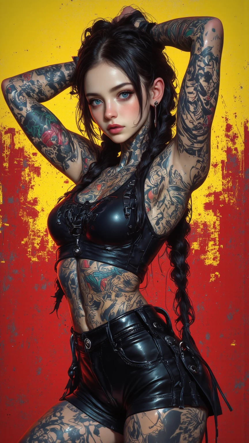 (full length portrait), full body portrait, wide angle, a woman in her late 30s, various poses with arms up or down, various modeling poses,(lower set breasts:1.4), (small bust), (whole body covered in colored skull and outer space themed tattoos), (bright, vibrant, multi-color tattoos:1.4), soaking wet red bodycon dress, (erect nipples under dress), honey blonde hair in a messy bun, 8k,masterpiece,strong detailed,vivid colors,studio lighting,extremely detailed tattoos,extremely detailed face and body, k4th3rynw1nn1ck