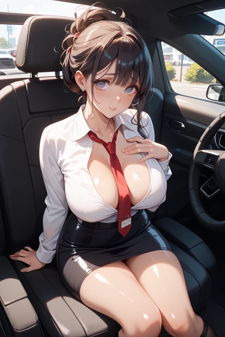 In the car in the daytime、High school girl sitting across from me and sleeping soundly、short pleated skirt of dark blue color、Open your legs to show your panties、White panties are visible、Wide shots from low angles、Colossal tits、tits out、cleavage of the breast、Futomo、Leather shoes、Short-haired black hair、Green headphones、White shirt