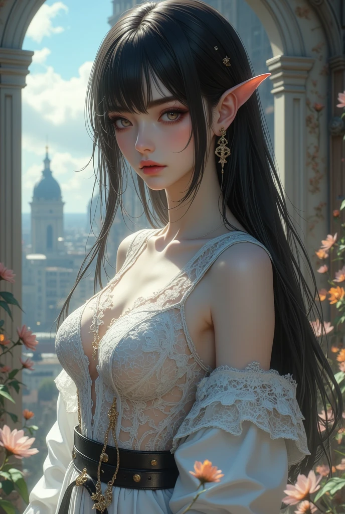 A female with werewolf ears, fangs, white werewolf dress,dark place,fullmoon brown hair
