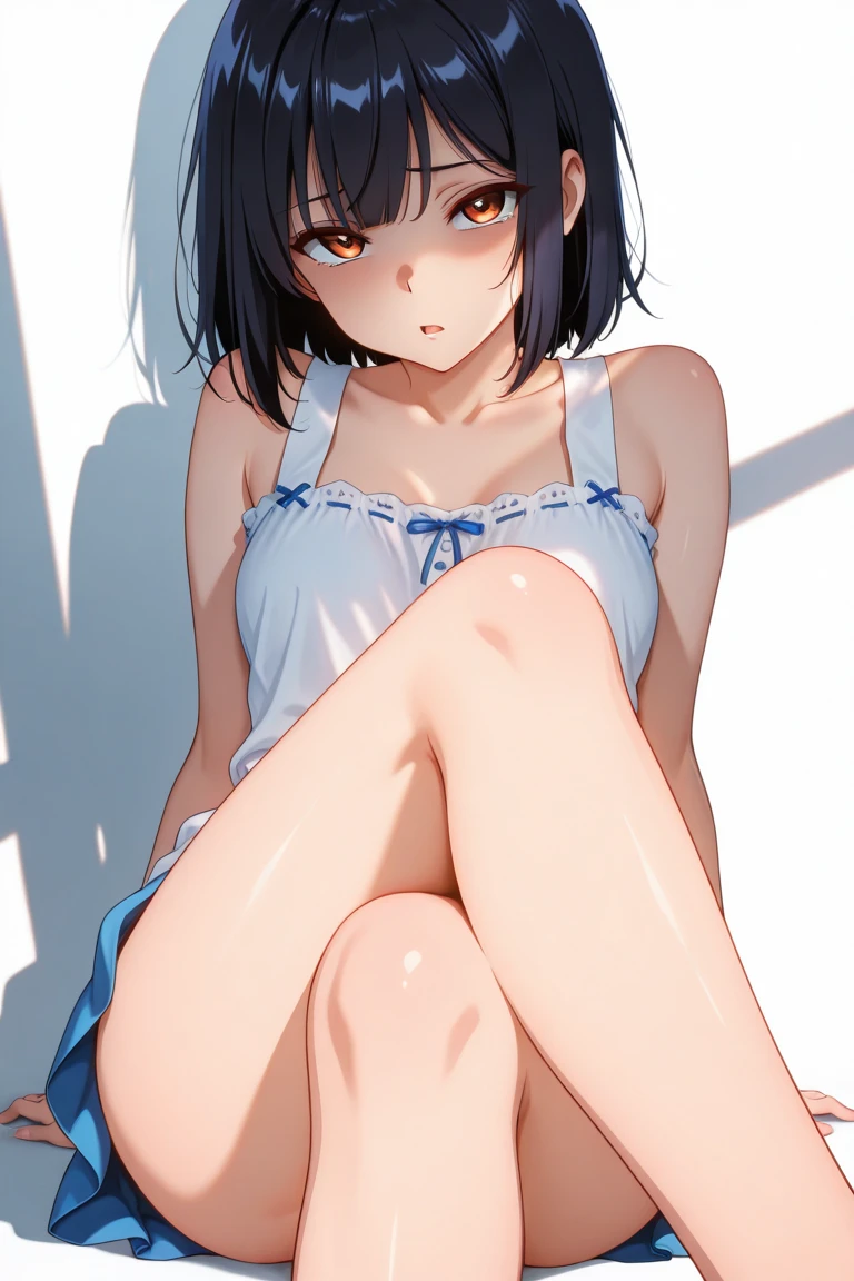 score_9, score_8_up, score_7_up,source_anime, high res image,masterpiece,best quality,girl,cute face,clear skin,black hair,short hair,blue eyes,tanktop,bottomless,legs spread,pussy spread,